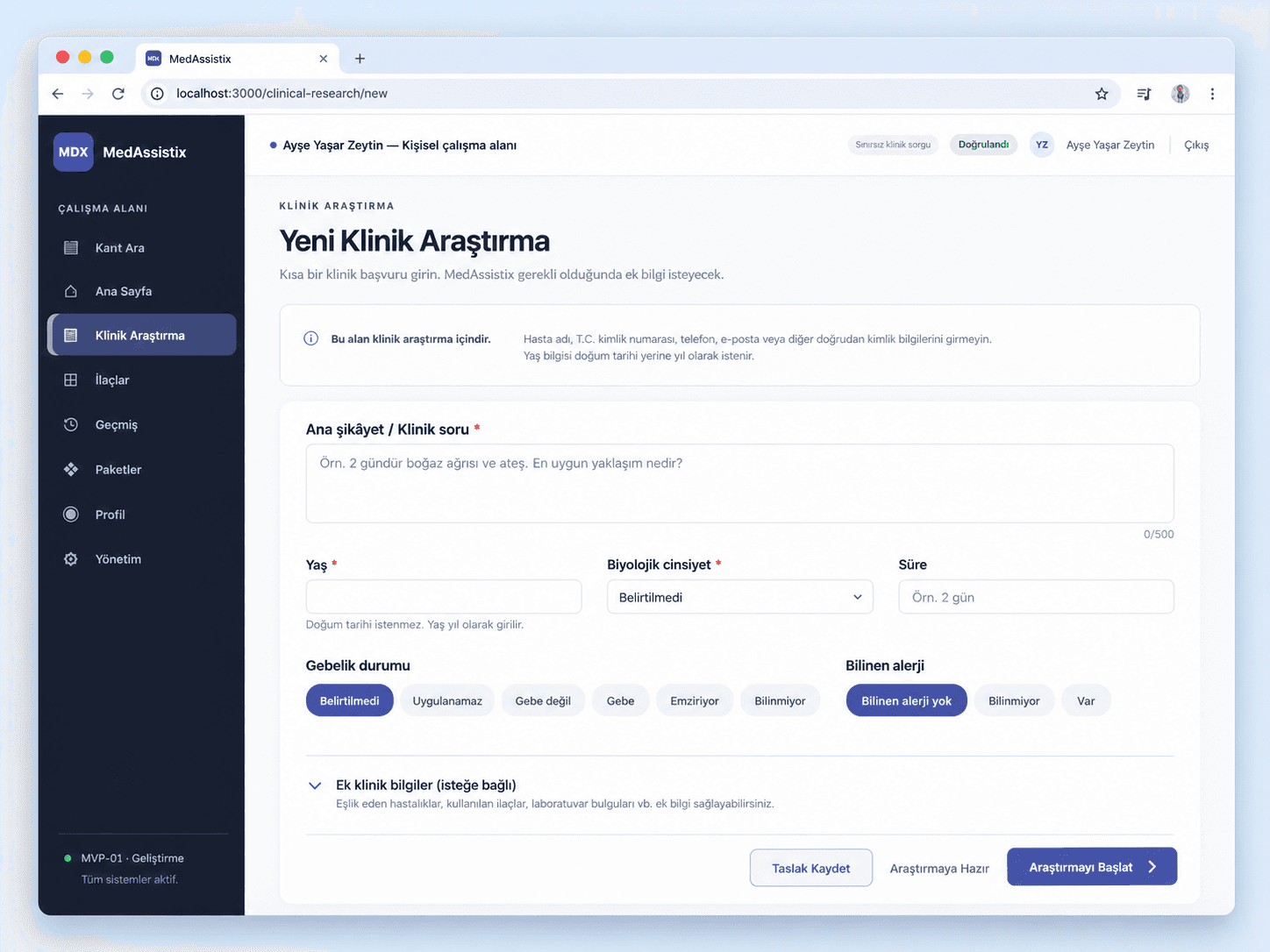 MedAssistix yeni klinik araştırma ekranı