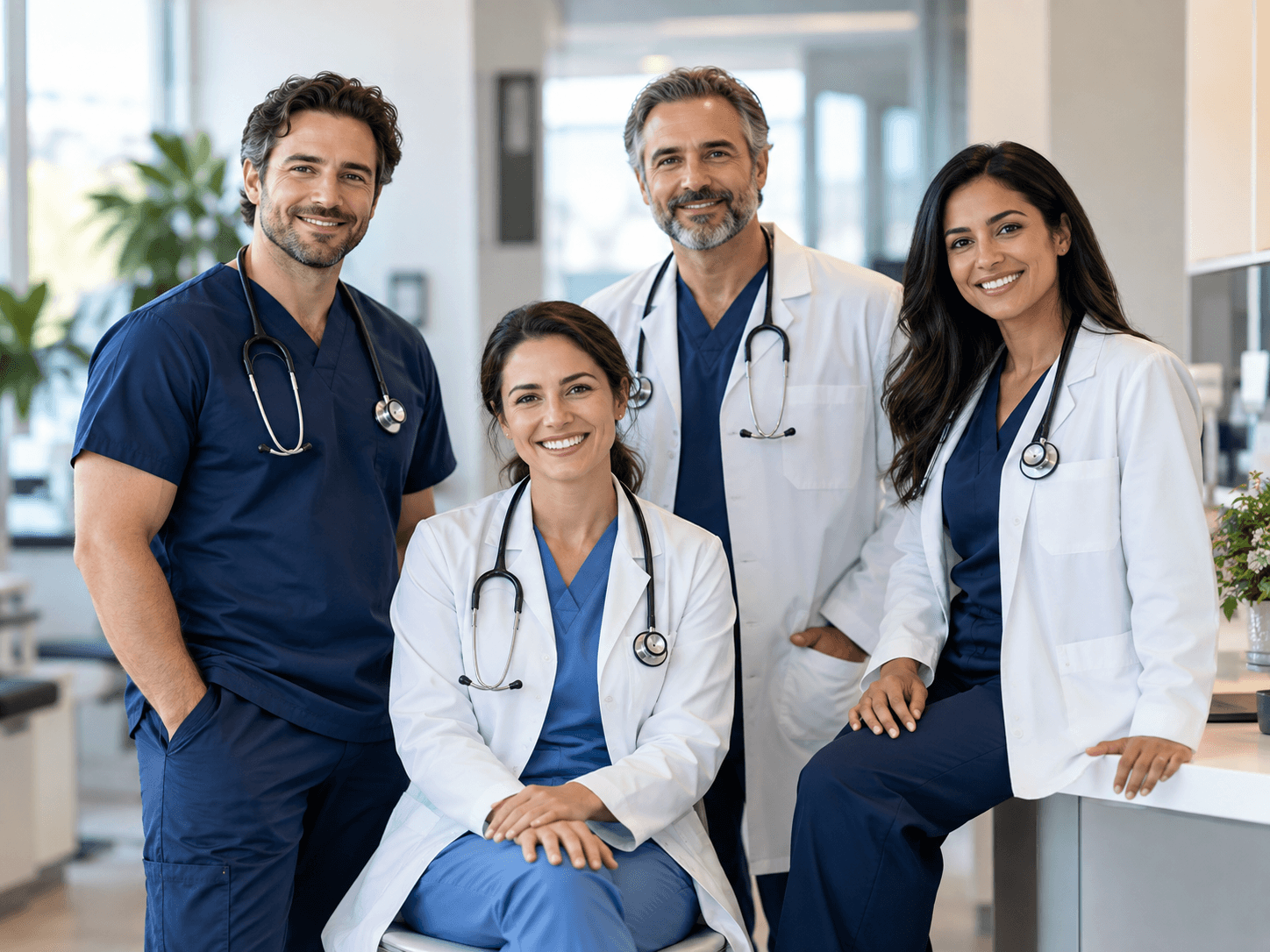 Modern bir klinik ortamda birlikte çalışan hekim ekibi.